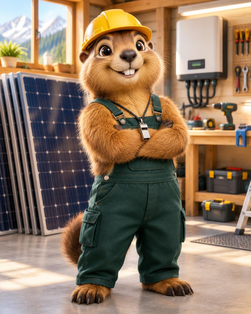 La marmotte Marmotte & Cie dans un atelier d'installateur solaire